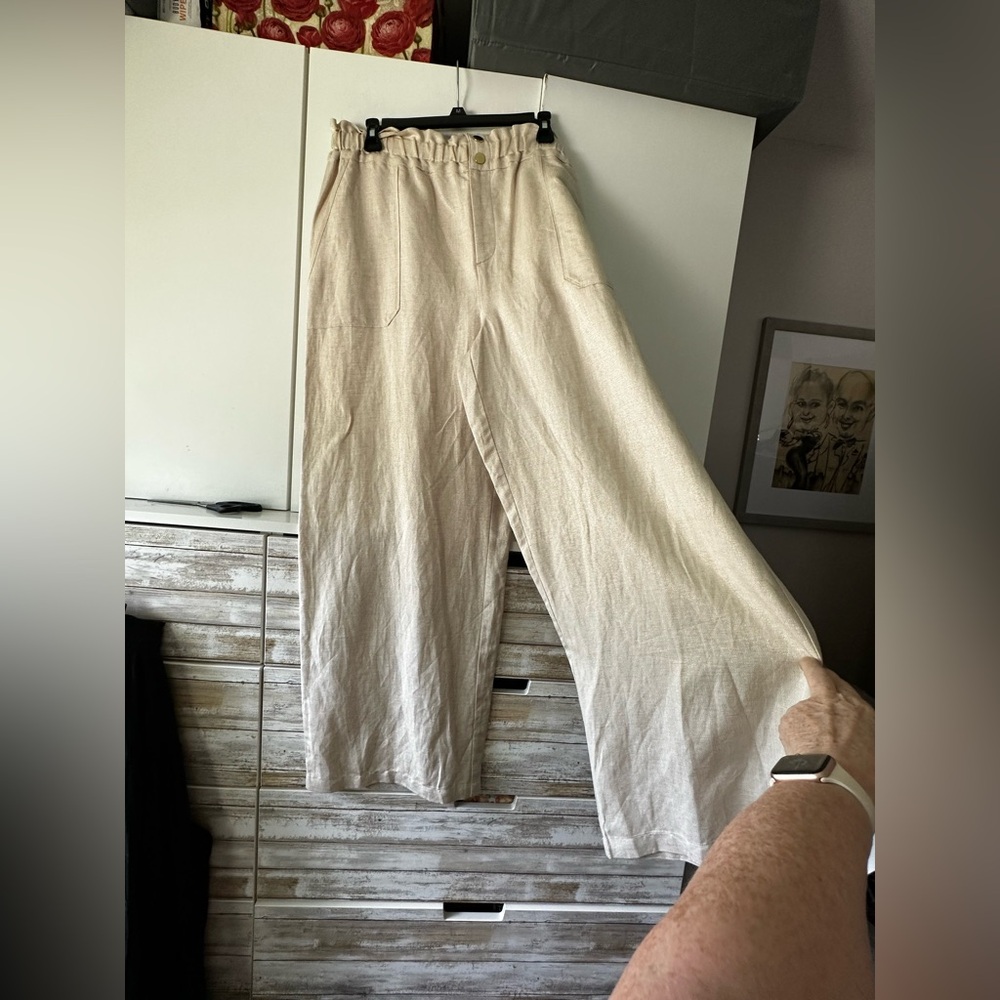 🤍 NWT INC Linen Wide Leg Pants XL High Rise Beige Pull On Summer